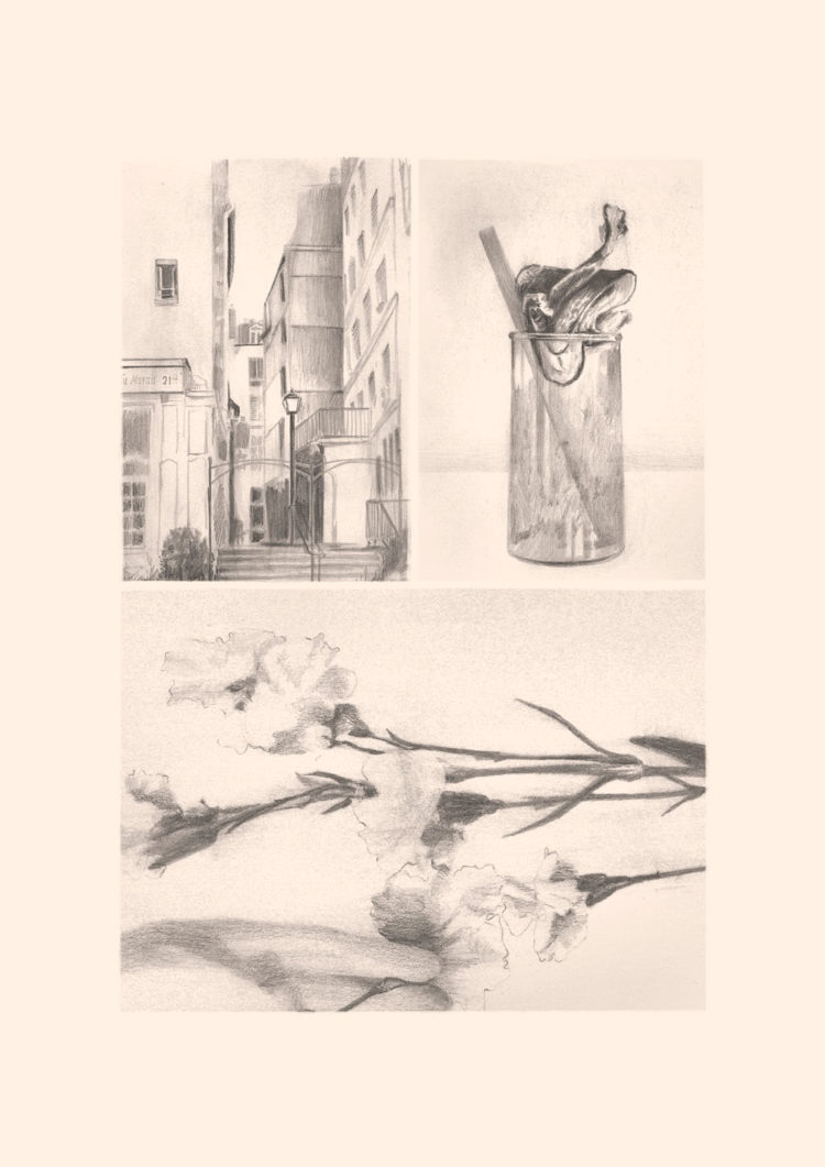 Pencil drawing on primed paper with the title 'Paris'.