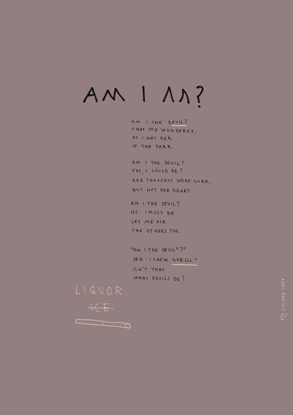 Handwritten poem with the title 'Lucifer Lady'. Marker and pen on paper.