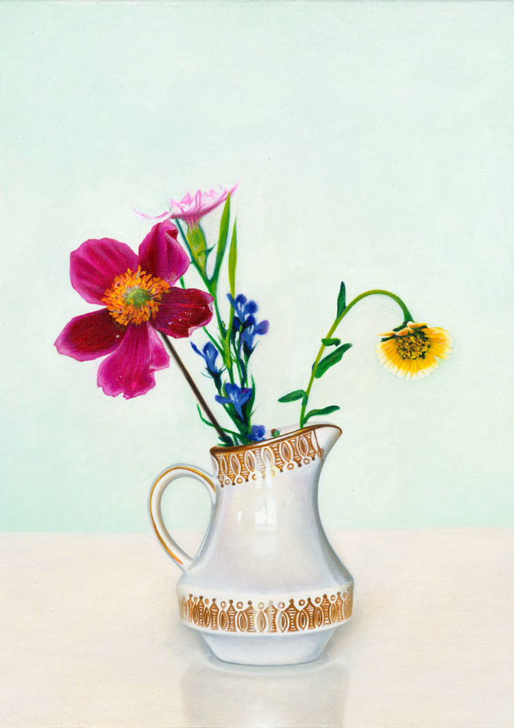 Still Life oil painting with the title 'Herbstanemone'. Painted on 40x30cm canvas
