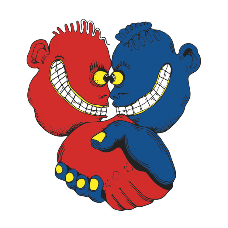 This digital artwork with the title 'Cooperation' shows two cooperating persons shaking hands as a sign of cooperation with intensive eye contact