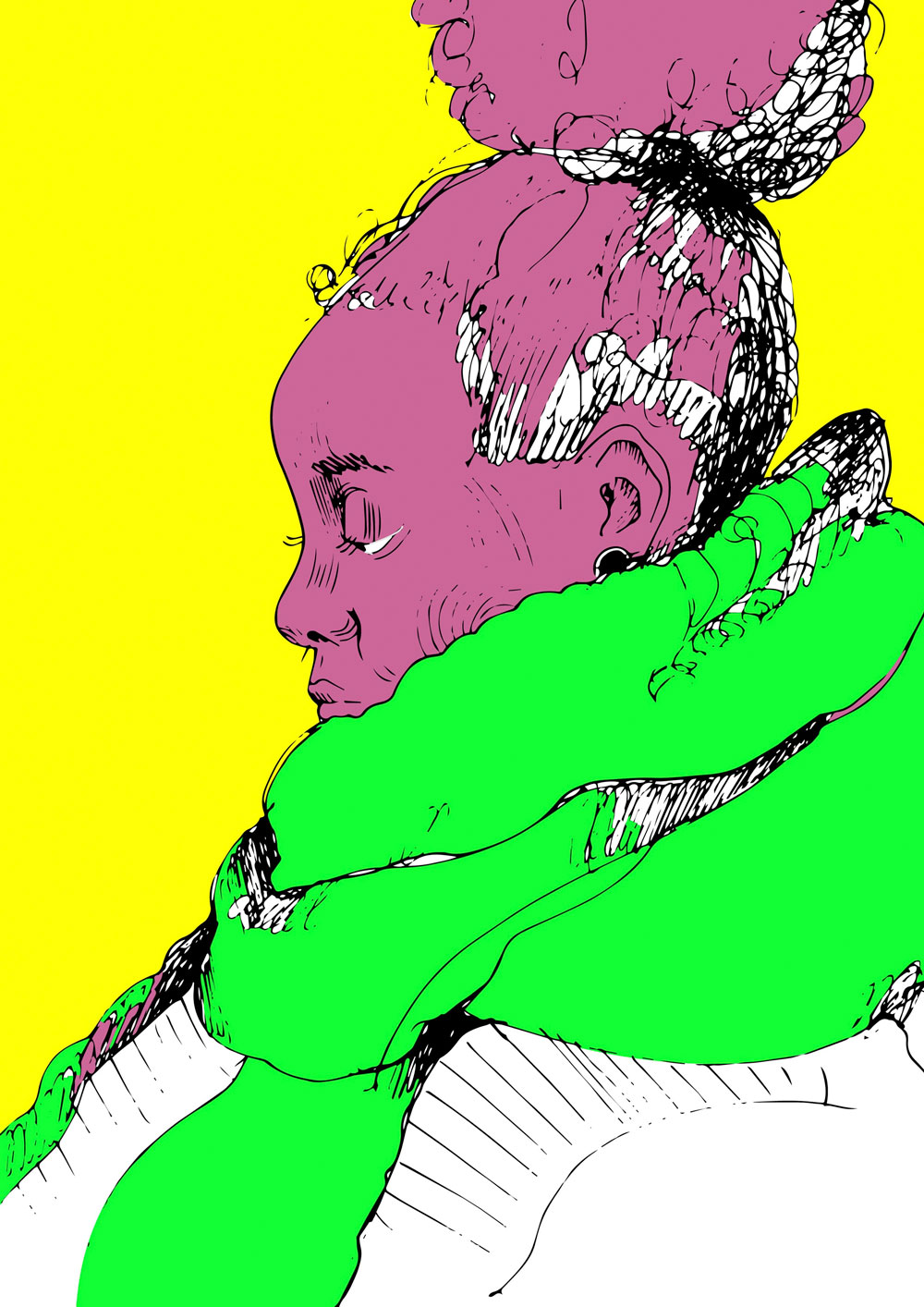 Digitally vectorized and colored portrait of a girl in profile view with the title 'Portrait 1'