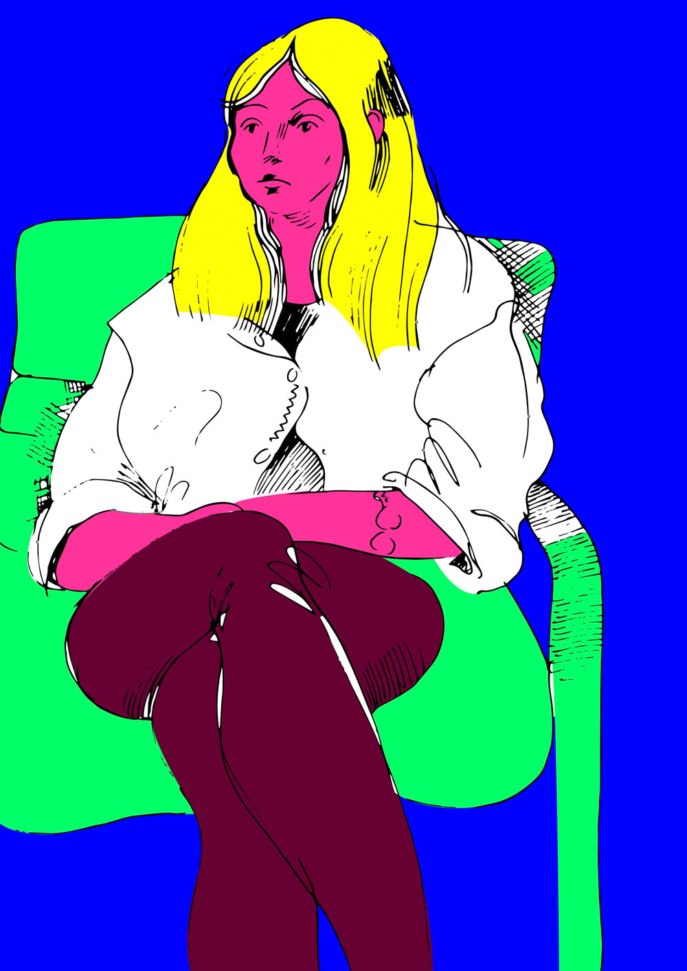 Digitally vectorized and colored single portrait of a young woman in quarter profile with the title 'Portrait 2'