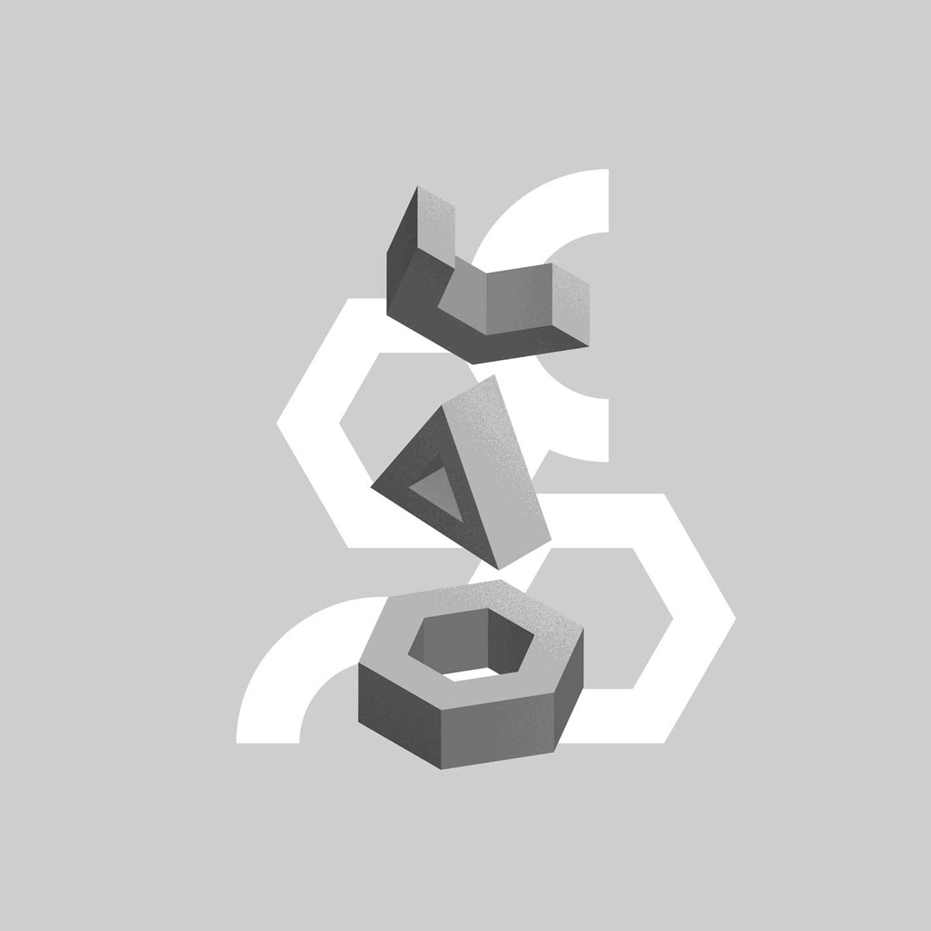Digital artwork with the title 'Three Shapes Graphic I'. Graphic of three geometrical shapes with noise texture.