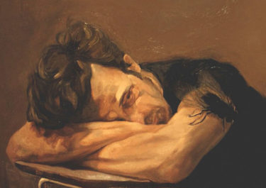 Painting of a man resting his head on his crossed arms on the table