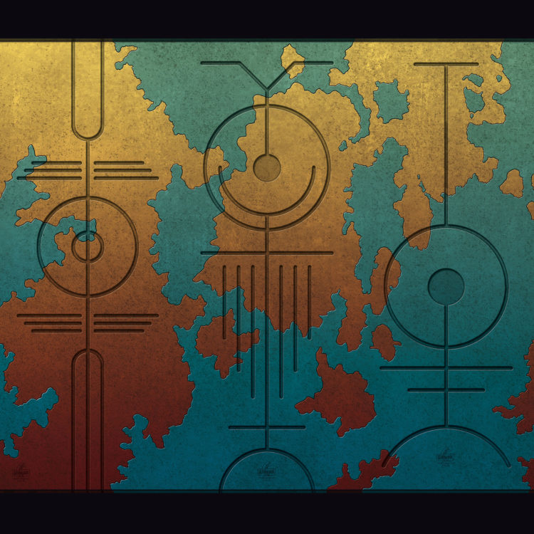 Digital artwork with the title 'Triptychon I'. Each sign consists of a number of well-known, basic shapes, like lines, circles, triangles etc.