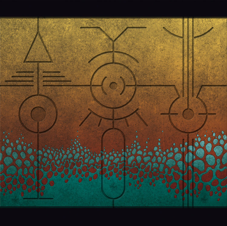 Digital artwork with the title 'Triptychon II'. Each sign consists of a number of well-known, basic shapes, like lines, circles, triangles etc.
