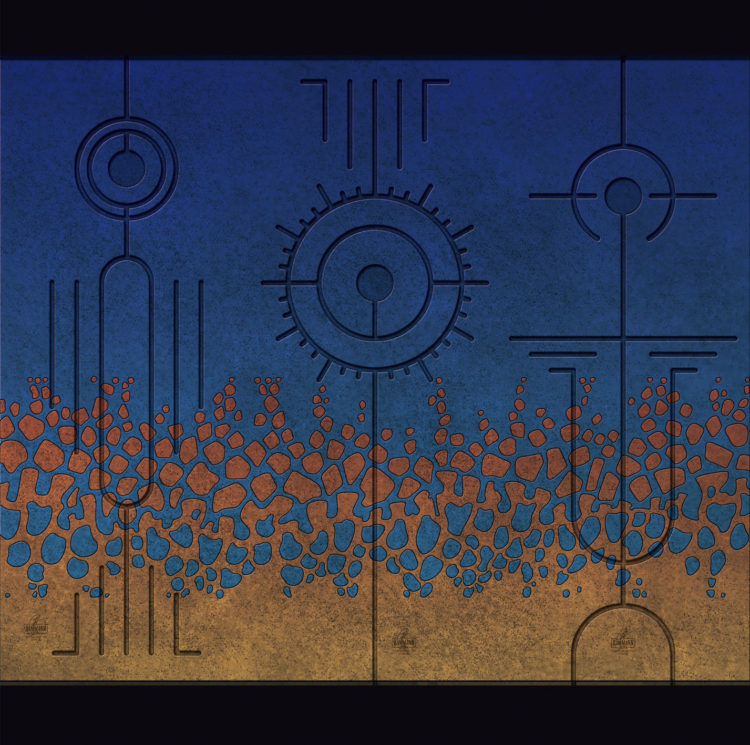 Digital artwork with the title 'Triptychon III'. Each sign consists of a number of well-known, basic shapes, like lines, circles, triangles etc.