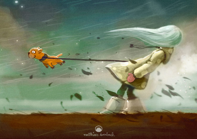 Digitales Kunstwerk mit dem Titel 'Autumn'. Illustration eines Mädchens, das inmitten eines Sturms steht und ihren Hund an der Leine hält, damit er nicht davon fliegt - von Matthias Derenbach