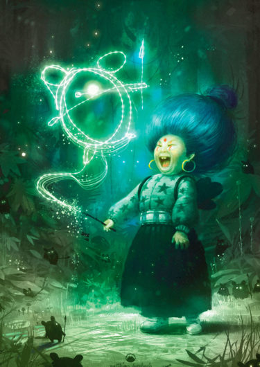 Digitales Kunstwerk mit dem Titel 'Crazy Witch'. Zeichnung einer lachenden Hexe, die im Wald steht und mit ihrem Zauberstab in der Luft die kleine Kreatur nachzeichnet, die vor ihr steht - von Matthias Derenbach