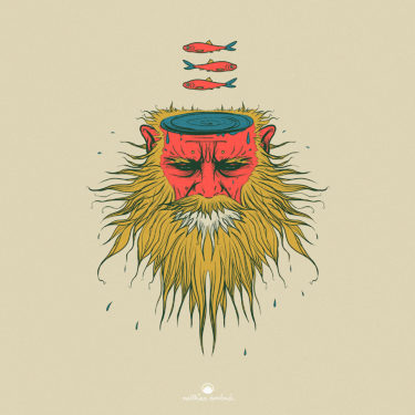 Digitales Kunstwerk mit dem Titel ‘Fisherman’. Illustration eines Mannes mit einem gelben, aufgefächerten Bart und einem roten Gesicht. Sein Kopf stellt den Ozean dar und drei rote Fische schweben darüber.