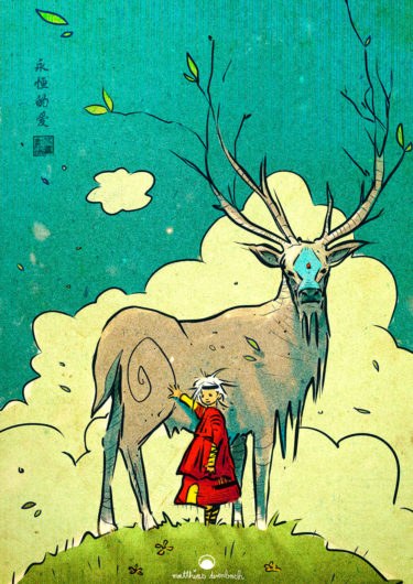 Digital artwork titled ‘Friends’. Illustration of a girl standing next to a large deer and petting it. She is wearing a red robe and the deer has got a blue mark on his forehead. They are standing in front of yellow clouds and a turquoise sky - Matthias Derenbach