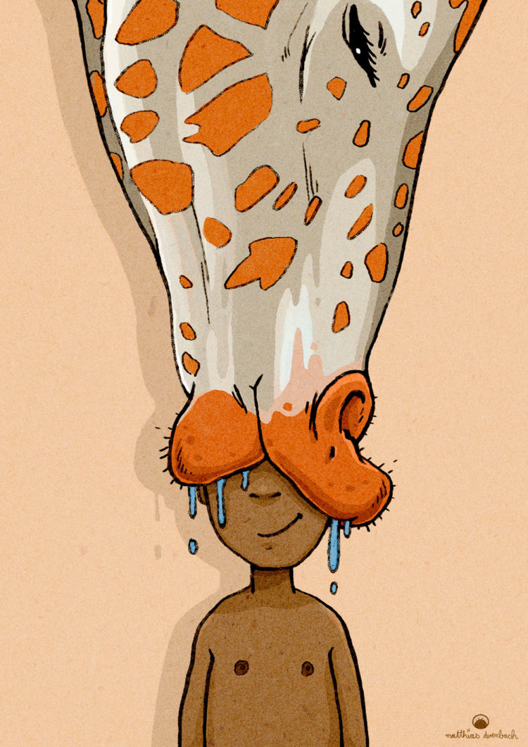 Illustration eines Jungen, der von einer Giraffe geküsst (the kiss) wird - von Matthias Derenbach